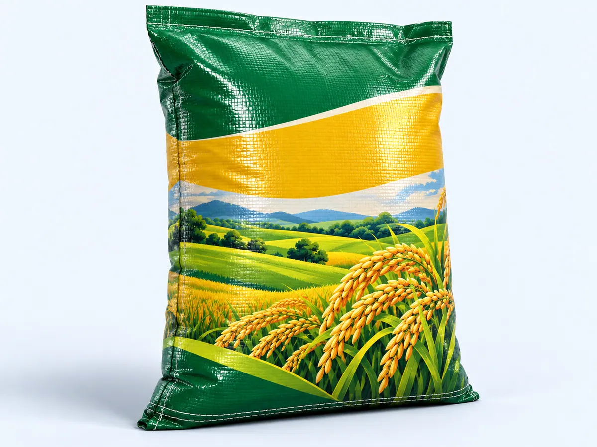 BOPP laminated printed woven bag with a multicolour grain-field design