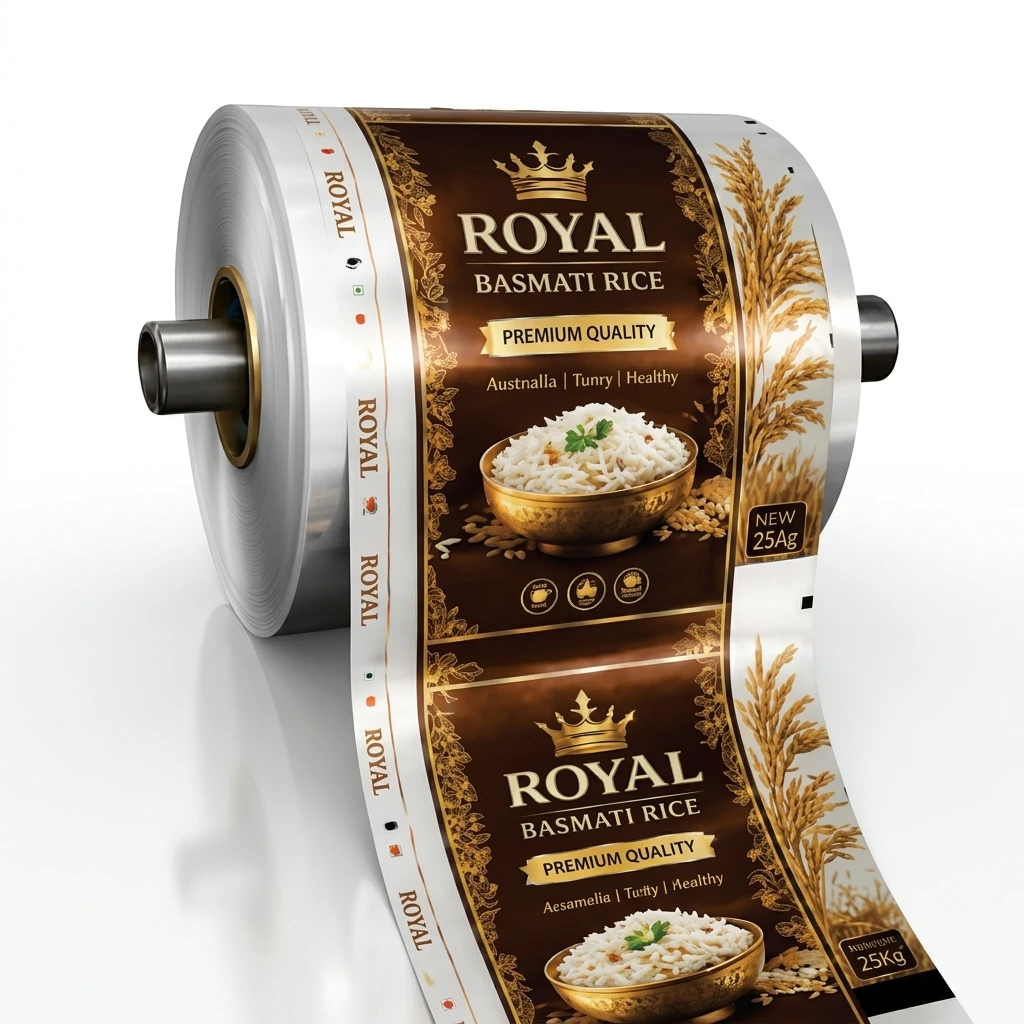Roll of BOPP metallised printed film unrolling on chrome shaft