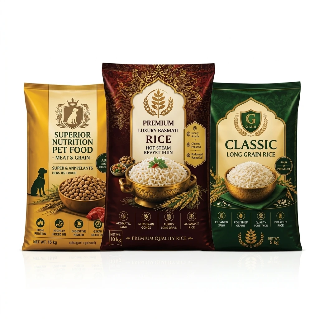 Three premium BOPP laminated bags for rice and pet food on white background