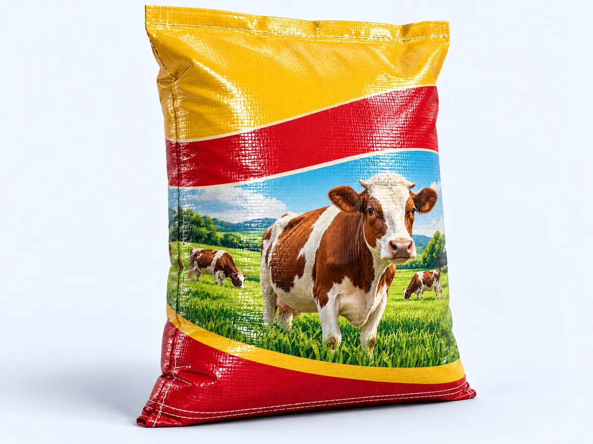 Printed BOPP cattle feed bag with a cow and pasture design