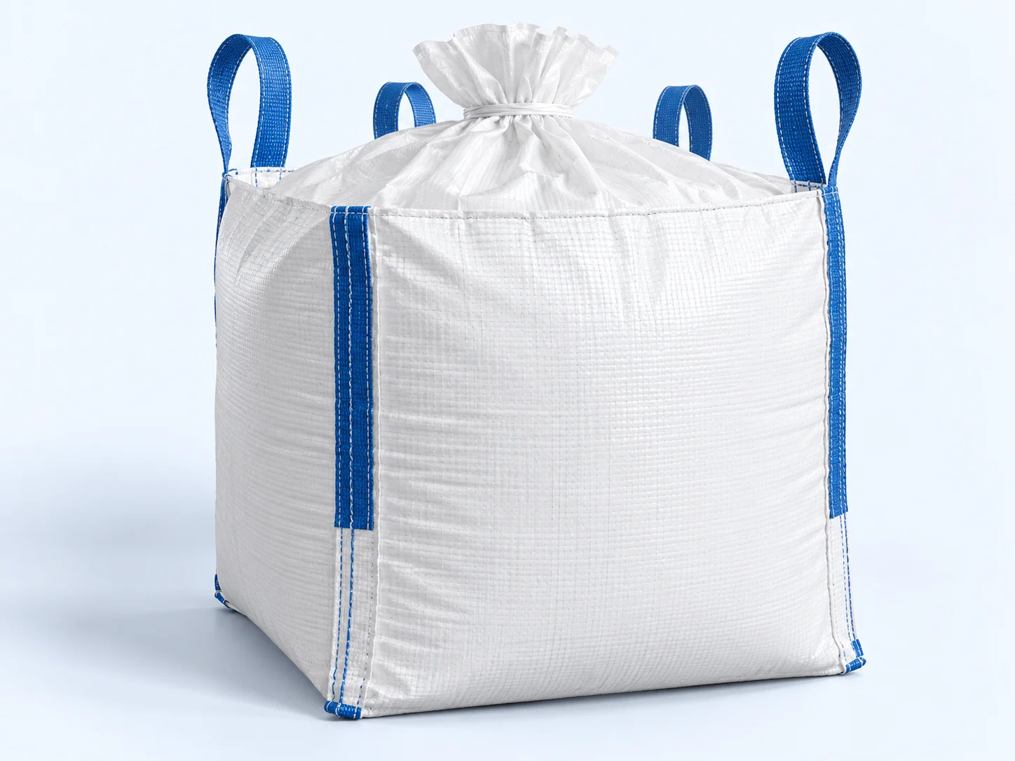 White FIBC Flexible Intermediate Bulk Container jumbo bag with blue lifting loops and spout