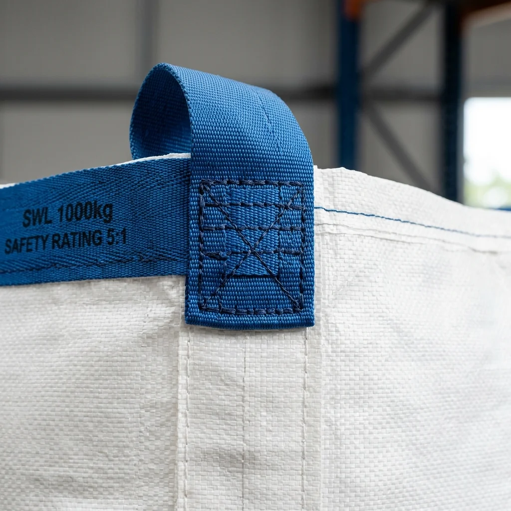 Reinforced lifting loop detail on FIBC bulk container bag