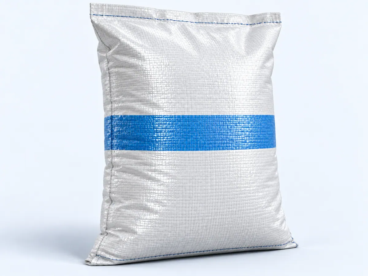 Plain white PP woven sack with a blue printed stripe