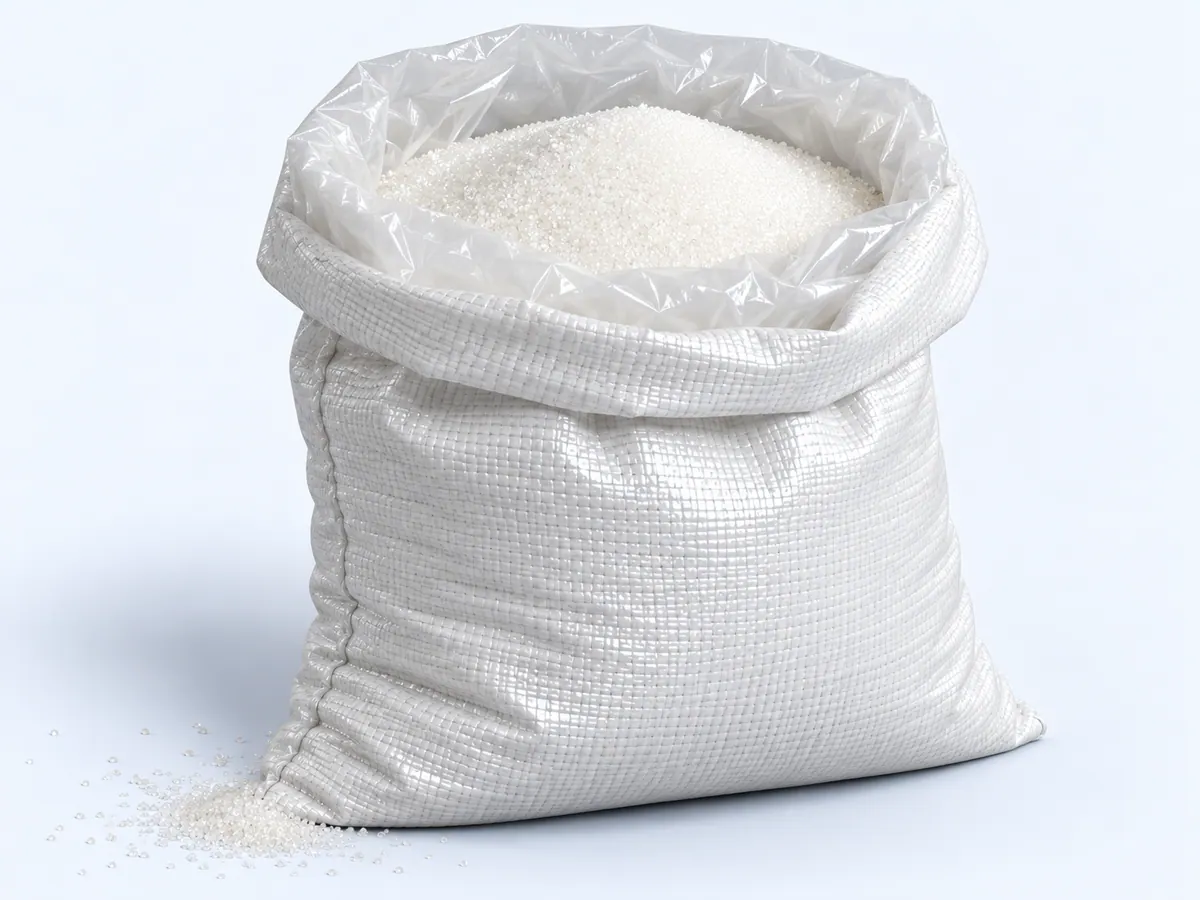 Open PP woven bag with a clear LDPE inner liner filled with sugar