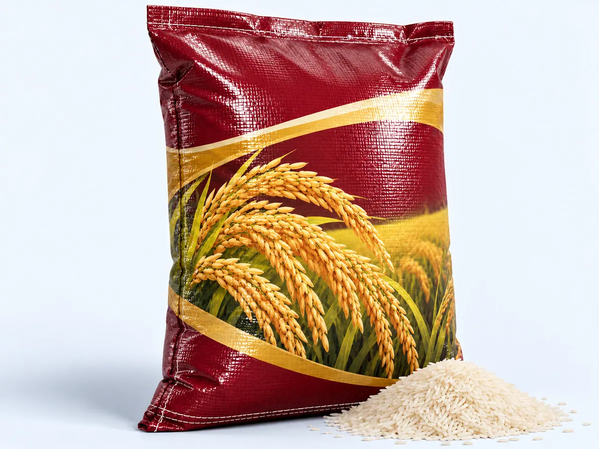 BOPP laminated rice bag with a rice-stalk print and basmati rice